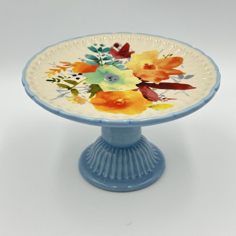 Pioneer Woman "Mini Cake Stand" 6" White W Floral Design Med Blue Stand NWT